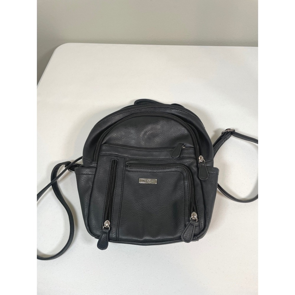 MultiSac Mini Backpack Womens Small Black Multi-Pocket Faux Leather Purse